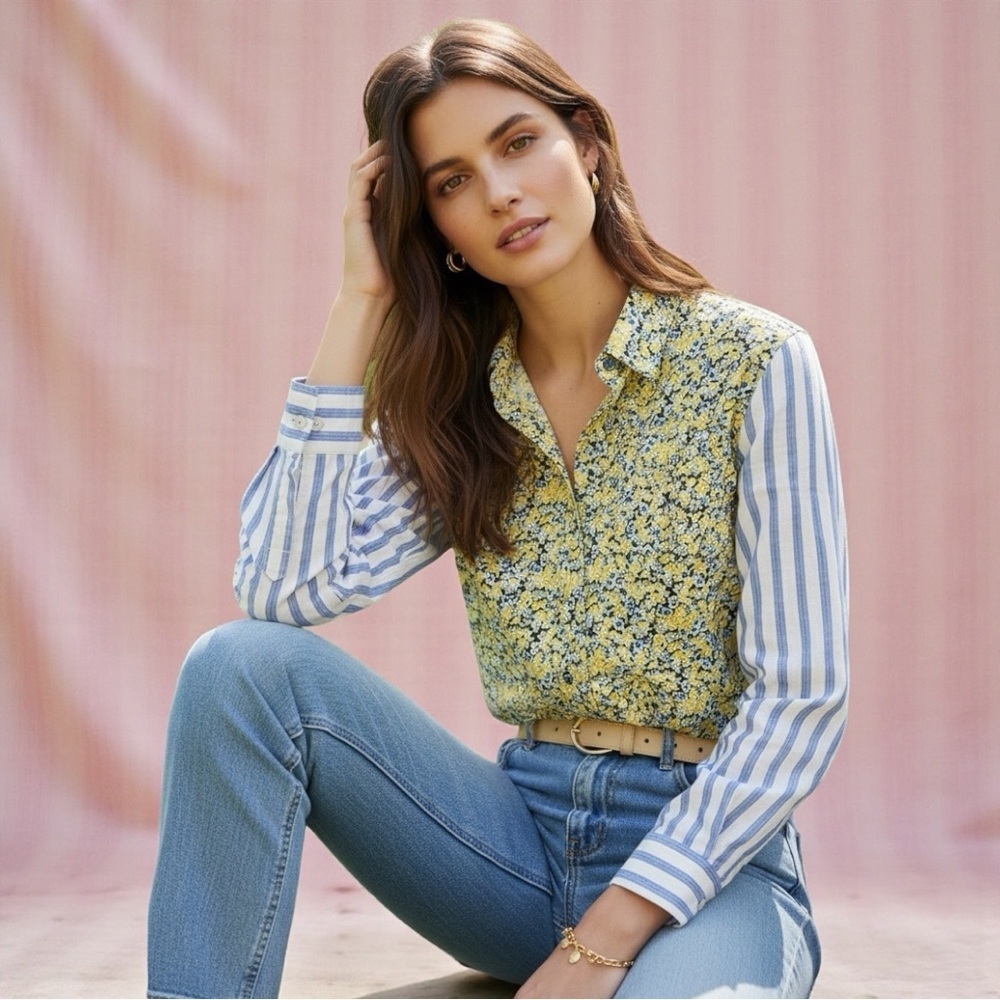 Equipment Femme Women's Blue & Yellow Floral/Striped Burton Down Blouse Sz S/P